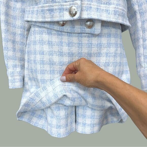 ZARA EUC textured Tweed Skort in Powder-Blue Gingham Size L - Picture 3 of 7